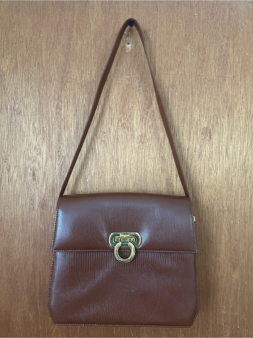 Salvatore Ferragamo Brown Leather Shoulder Bag with Gold Hardware